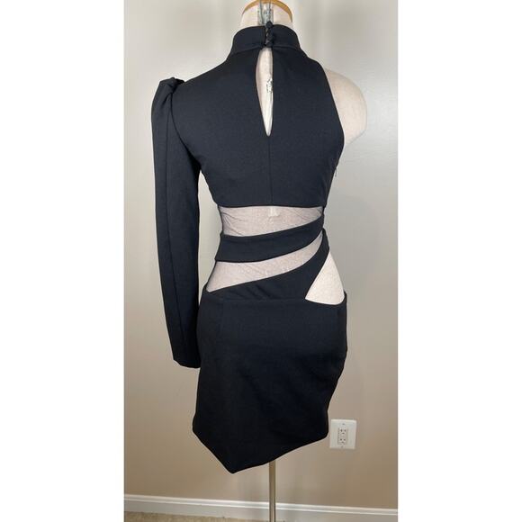 PatBO Spiral One Sleeve Black Illusion High Neck Asymmetric Mesh Mini Dress Sz 0 - Picture 10 of 14